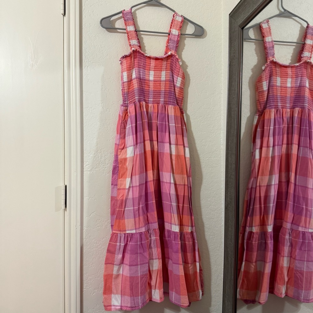 long pink, purple and white plaid babydoll dress